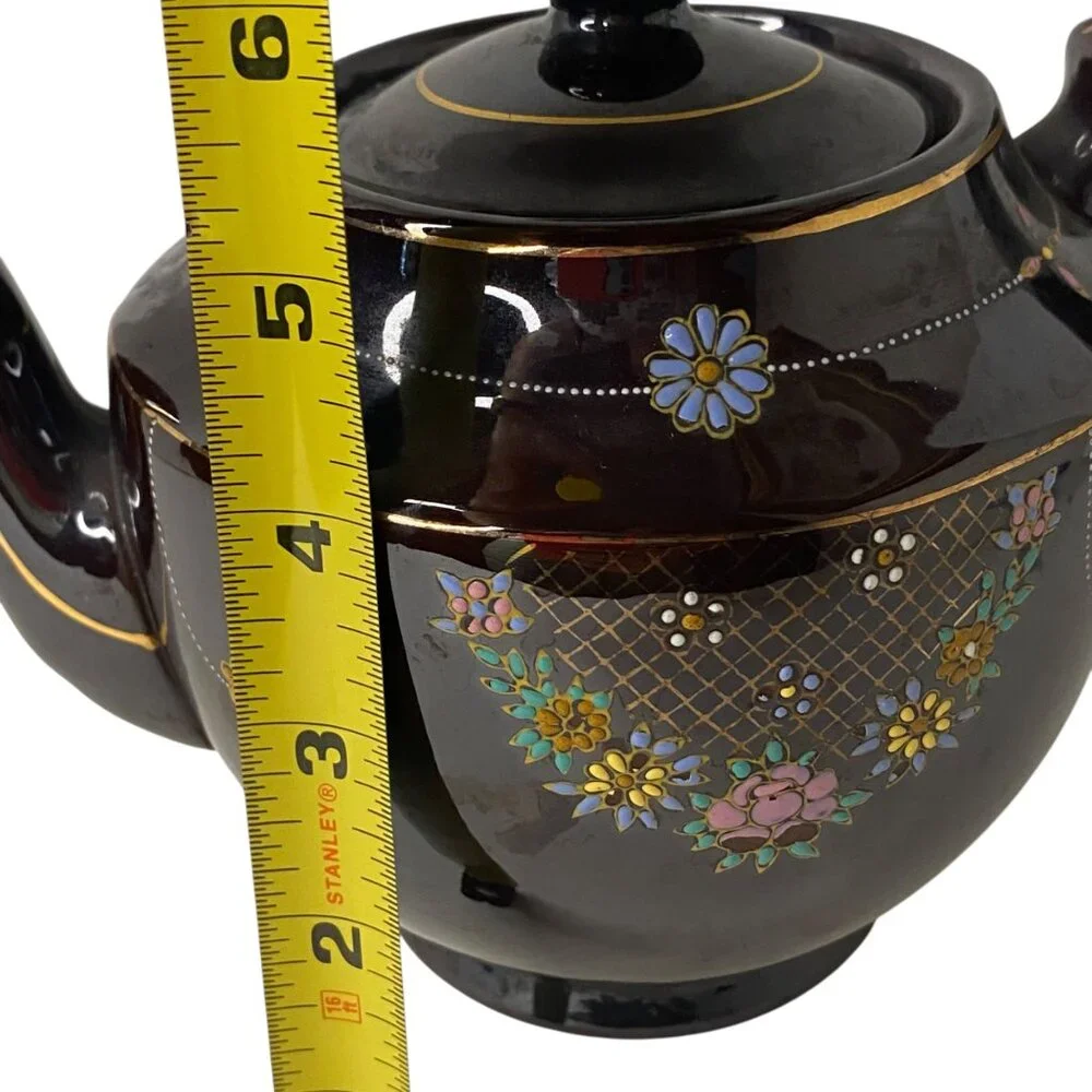Vintage 1940's Glossy Brown Ceramic Teapot Moriage Painted Flower Made‎ in Japan